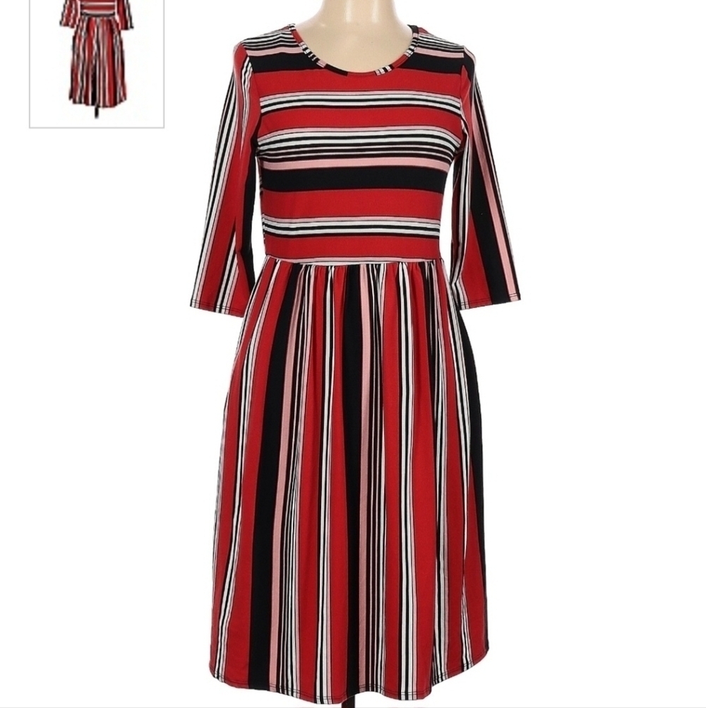 White Birch Red Striped Midi Dress Women's Large L Round Neck 3/4 Sleeves EUC